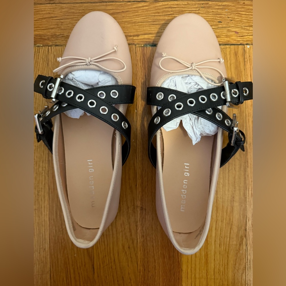 Madden Girl Pink (very light pink)  and Black Flats with Buckle Detail